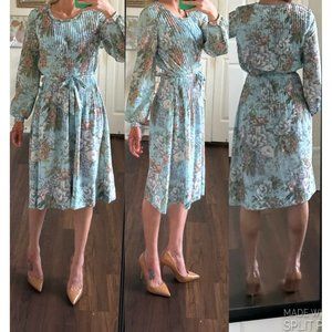 Jo Lester 1970s blue pink green floral long sleeve pleated a-line midi dress